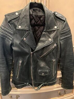 BLK DNM Dark Green Leather Moto Biker Jacket, XS/S